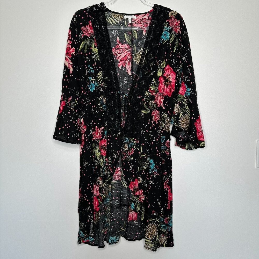 Whimsigoth Kimono Black Lace Floral Ruffles Coverup Small